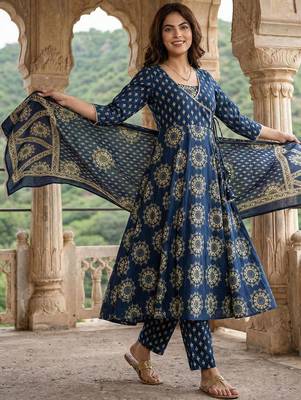 Women Ethnic Motifs Printed Angrakha Pure Cotton Kurta with Trousers & With Dupatta 6