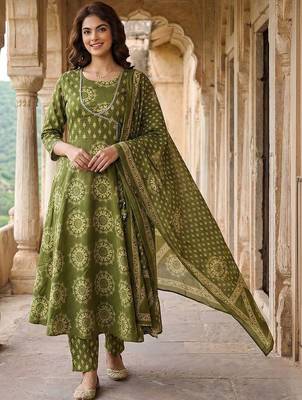 Women Ethnic Motifs Printed Angrakha Pure Cotton Kurta with Trousers & With Dupatta 1