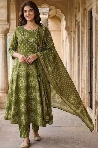 Women Ethnic Motifs Printed Angrakha Pure Cotton Kurta with Trousers & With Dupatta