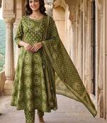 Women Ethnic Motifs Printed Angrakha Pure Cotton Kurta with Trousers & With Dupatta