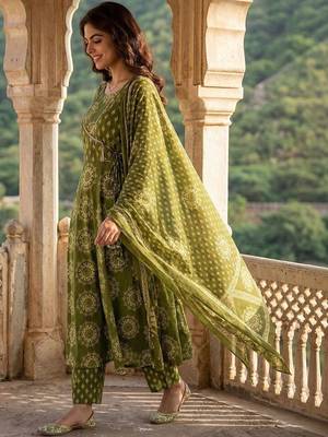 Women Ethnic Motifs Printed Angrakha Pure Cotton Kurta with Trousers & With Dupatta 2