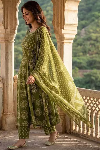Women Ethnic Motifs Printed Angrakha Pure Cotton Kurta with Trousers & With Dupatta