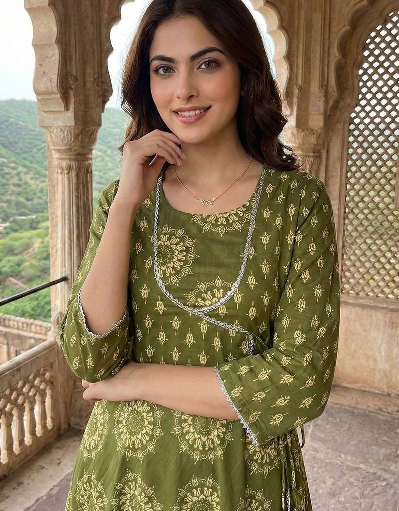 Women Ethnic Motifs Printed Angrakha Pure Cotton Kurta with Trousers & With Dupatta