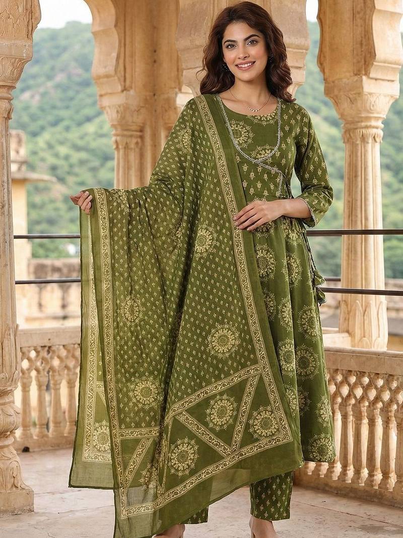 Women Ethnic Motifs Printed Angrakha Pure Cotton Kurta with Trousers & With Dupatta