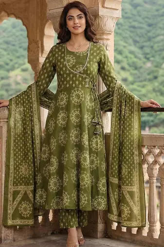 Women Ethnic Motifs Printed Angrakha Pure Cotton Kurta with Trousers & With Dupatta