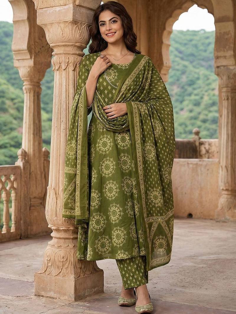 Women Ethnic Motifs Printed Angrakha Pure Cotton Kurta with Trousers & With Dupatta