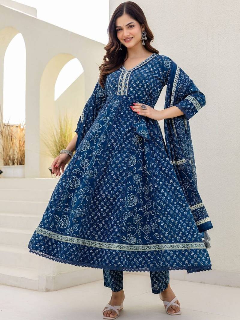 Women Floral Printed Panelled Pure Cotton Kurta with Palazzos & With Dupatta