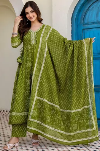 Women Ethnic Motifs Printed Regular Thread Work Pure Cotton Kurta with Trousers & With Dupatta