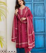 Women Floral Printed Panelled Thread Work Pure Cotton Kurta with Trousers & With Dupatta