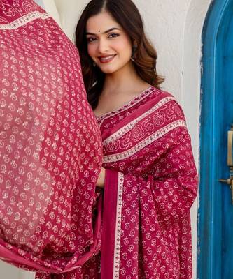 Women Floral Printed Panelled Thread Work Pure Cotton Kurta with Trousers & With Dupatta 6