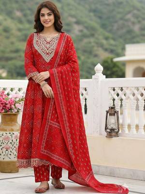 Women Ethnic Motifs Printed Regular Beads and Stones Pure Cotton Kurta with Trousers & With Dupatta 1