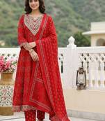Women Ethnic Motifs Printed Regular Beads and Stones Pure Cotton Kurta with Trousers & With Dupatta