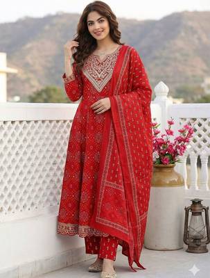 Women Ethnic Motifs Printed Regular Beads and Stones Pure Cotton Kurta with Trousers & With Dupatta 5