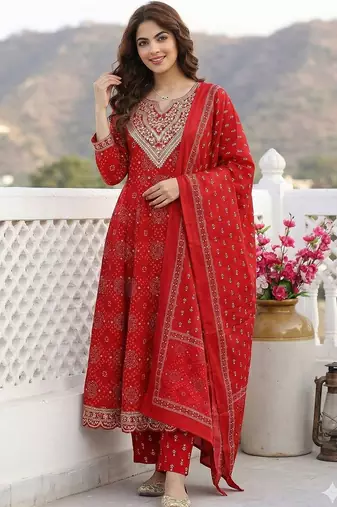 Women Ethnic Motifs Printed Regular Beads and Stones Pure Cotton Kurta with Trousers & With Dupatta