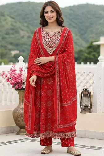 Women Ethnic Motifs Printed Regular Beads and Stones Pure Cotton Kurta with Trousers & With Dupatta