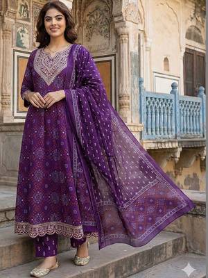 Women Ethnic Motifs Printed Panelled Thread Work Pure Cotton Kurta with Trousers & With Dupatta 1