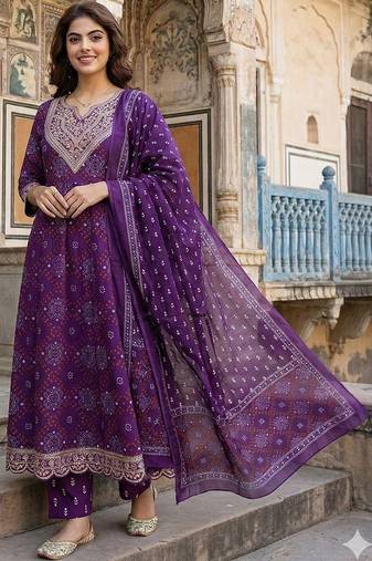 Women Ethnic Motifs Printed Panelled Thread Work Pure Cotton Kurta with Trousers & With Dupatta