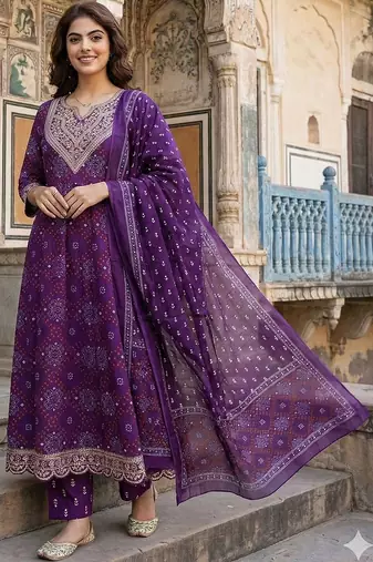 Women Ethnic Motifs Printed Panelled Thread Work Pure Cotton Kurta with Trousers & With Dupatta
