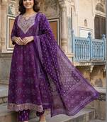 Women Ethnic Motifs Printed Panelled Thread Work Pure Cotton Kurta with Trousers & With Dupatta