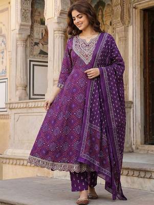Women Ethnic Motifs Printed Panelled Thread Work Pure Cotton Kurta with Trousers & With Dupatta 2