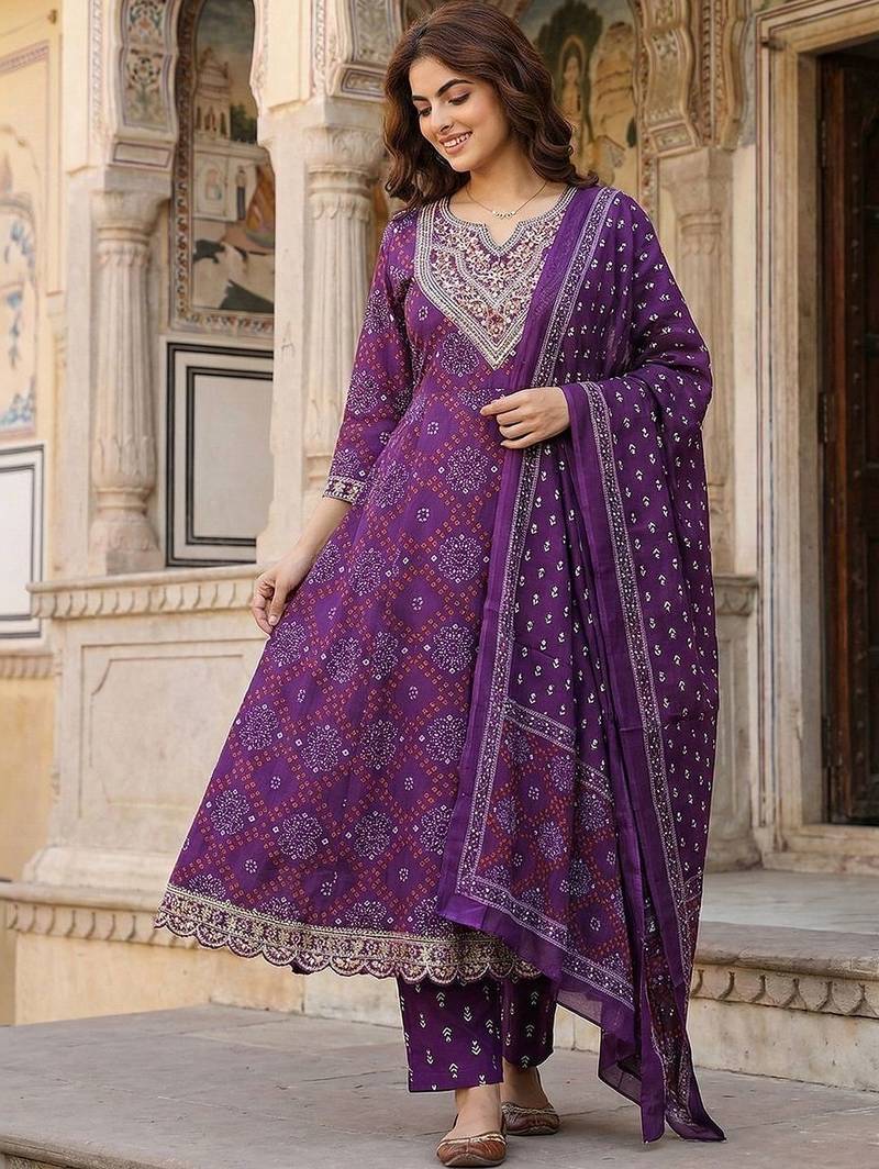 Women Ethnic Motifs Printed Panelled Thread Work Pure Cotton Kurta with Trousers & With Dupatta