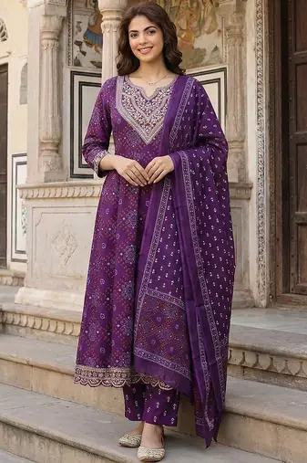 Women Ethnic Motifs Printed Panelled Thread Work Pure Cotton Kurta with Trousers & With Dupatta