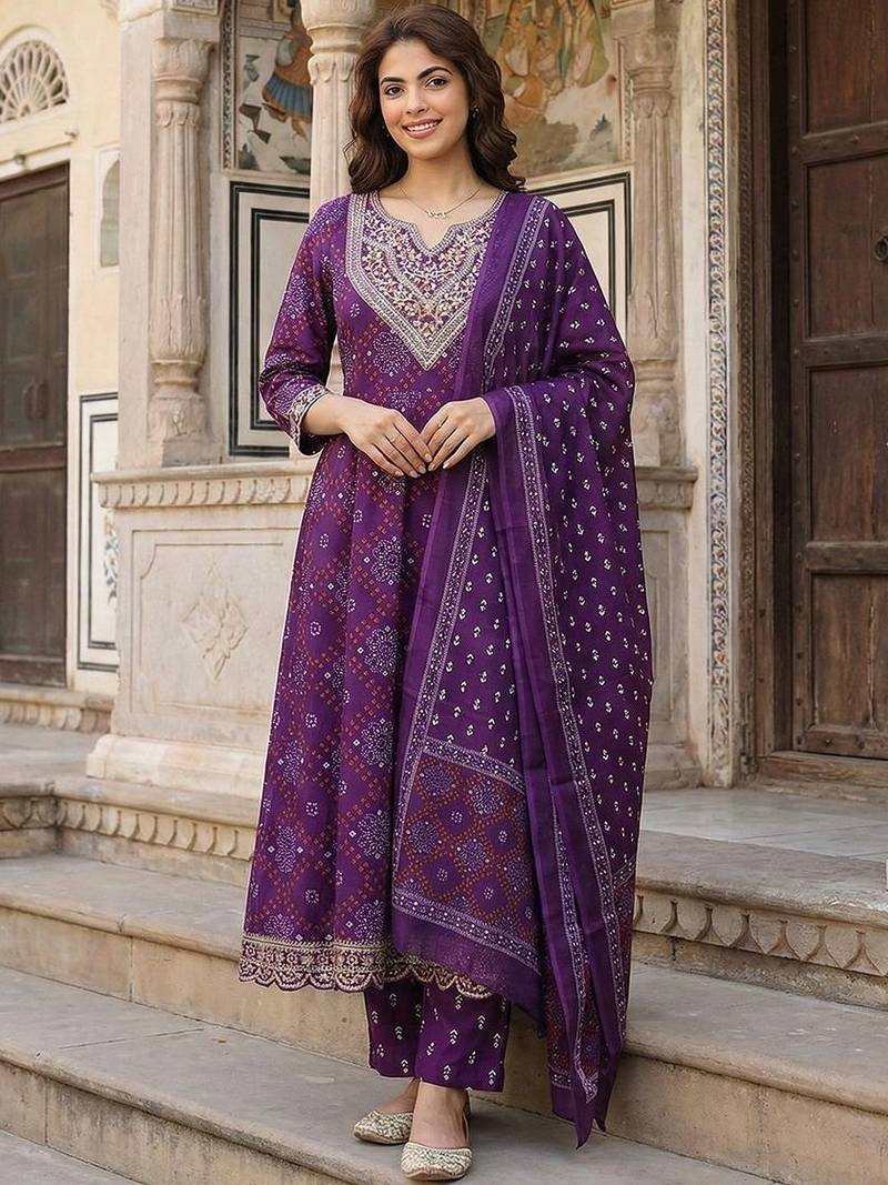 Women Ethnic Motifs Printed Panelled Thread Work Pure Cotton Kurta with Trousers & With Dupatta