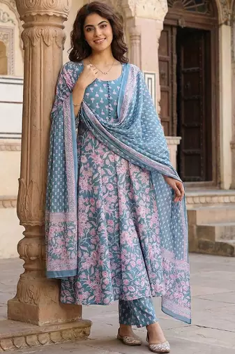 Women Floral Printed Empire Pure Cotton Kurta with Trousers & With Dupatta
