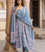 Women Floral Printed Empire Pure Cotton Kurta with Trousers & With Dupatta