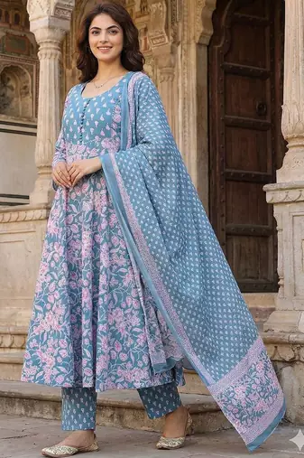 Women Floral Printed Empire Pure Cotton Kurta with Trousers & With Dupatta