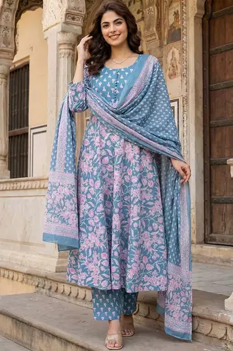 Women Floral Printed Empire Pure Cotton Kurta with Trousers & With Dupatta