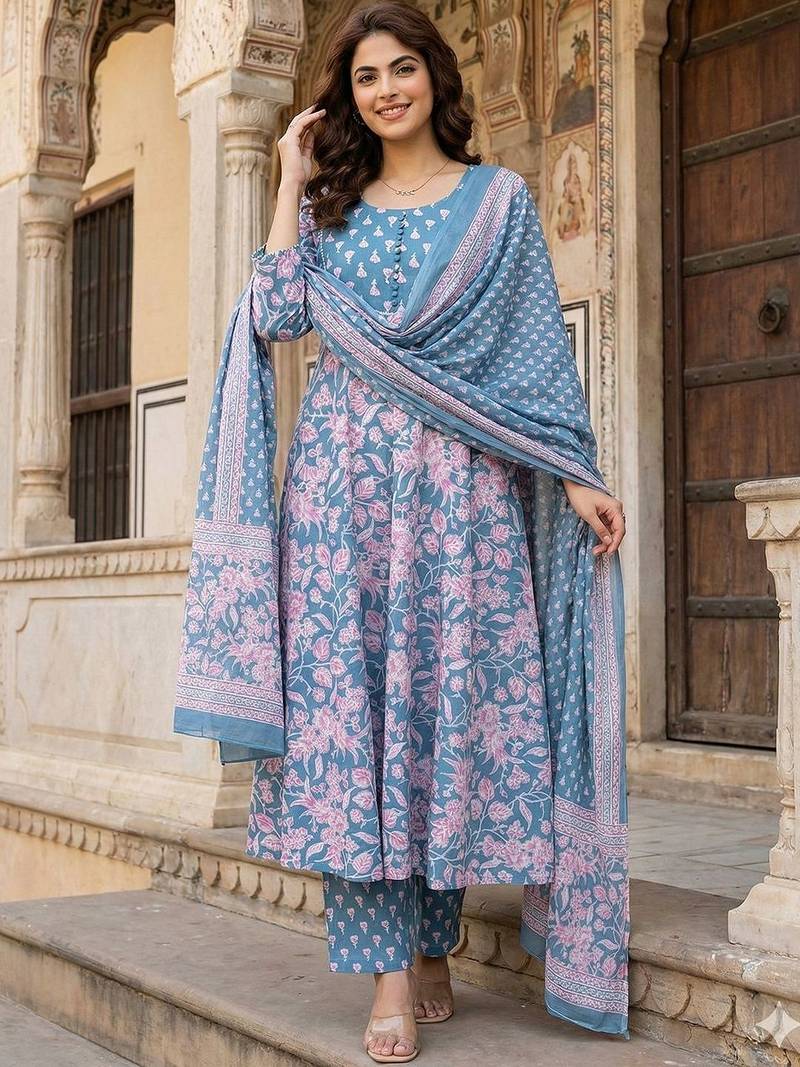Women Floral Printed Empire Pure Cotton Kurta with Trousers & With Dupatta