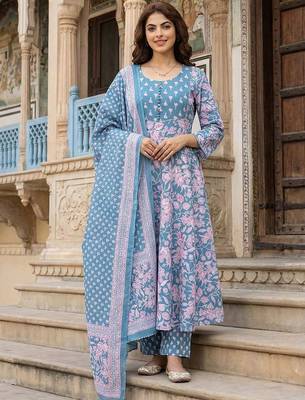 Women Floral Printed Empire Pure Cotton Kurta with Trousers & With Dupatta 5
