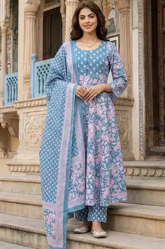 Women Floral Printed Empire Pure Cotton Kurta with Trousers & With Dupatta