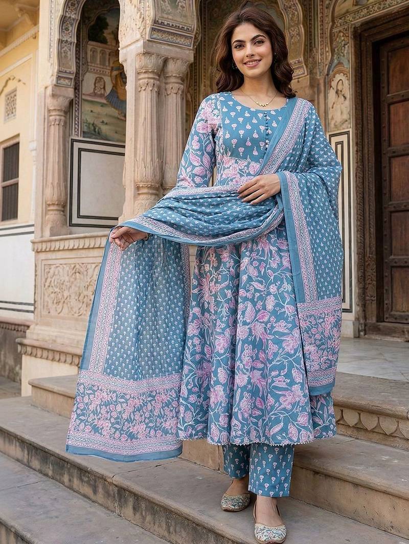 Women Floral Printed Empire Pure Cotton Kurta with Trousers & With Dupatta