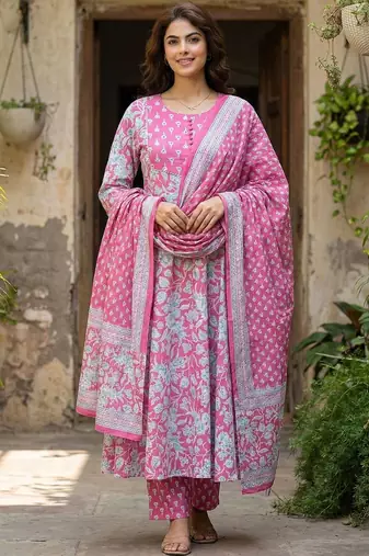 Women Floral Printed Empire Pure Cotton Kurta with Trousers & With Dupatta