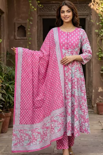 Women Floral Printed Empire Pure Cotton Kurta with Trousers & With Dupatta