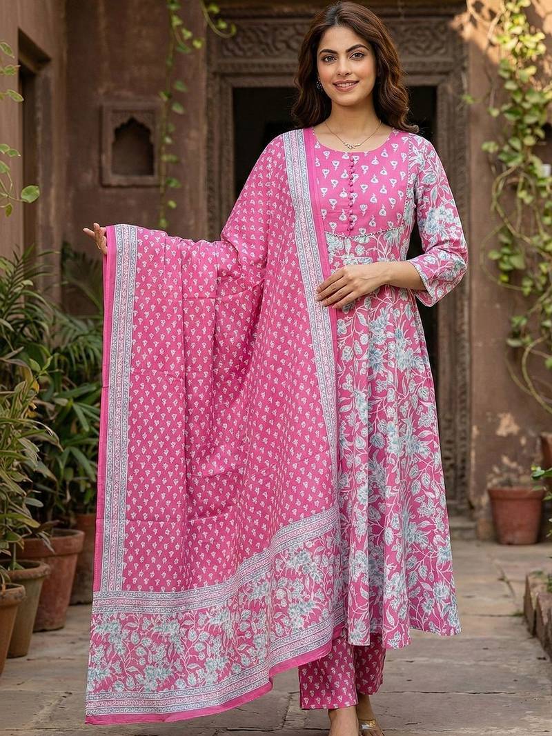 Women Floral Printed Empire Pure Cotton Kurta with Trousers & With Dupatta