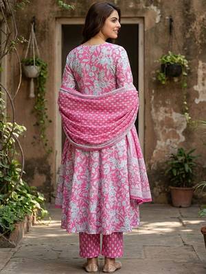 Women Floral Printed Empire Pure Cotton Kurta with Trousers & With Dupatta 3