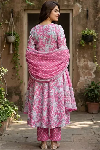 Women Floral Printed Empire Pure Cotton Kurta with Trousers & With Dupatta