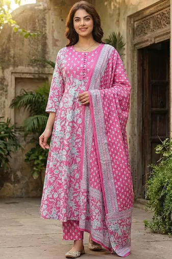 Women Floral Printed Empire Pure Cotton Kurta with Trousers & With Dupatta