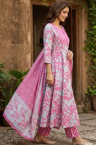 Women Floral Printed Empire Pure Cotton Kurta with Trousers & With Dupatta