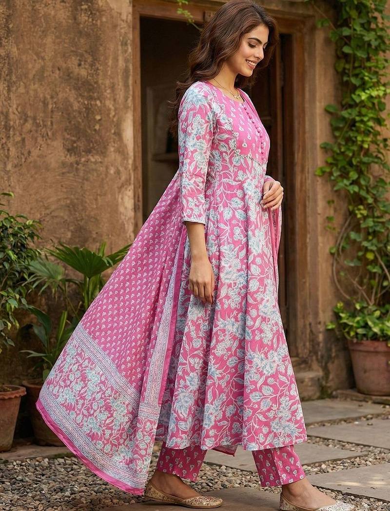 Women Floral Printed Empire Pure Cotton Kurta with Trousers & With Dupatta
