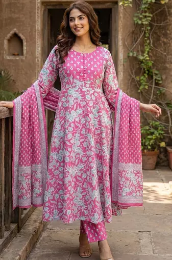 Women Floral Printed Empire Pure Cotton Kurta with Trousers & With Dupatta
