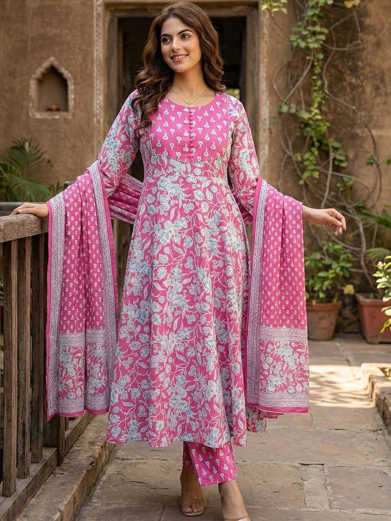 Women Floral Printed Empire Pure Cotton Kurta with Trousers & With Dupatta
