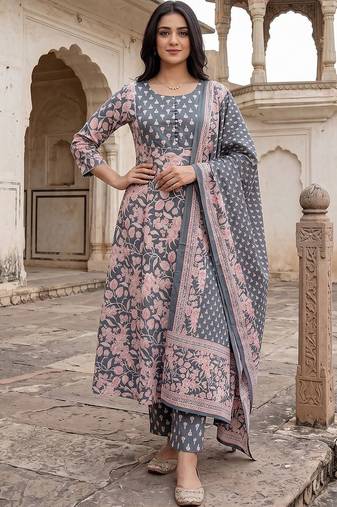 Women Floral Printed Regular Pure Cotton Kurta with Trousers & With Dupatta