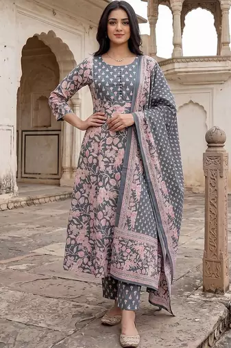 Women Floral Printed Regular Pure Cotton Kurta with Trousers & With Dupatta