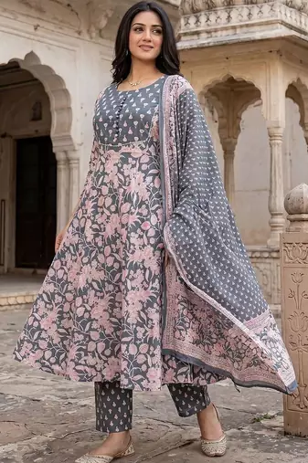 Women Floral Printed Regular Pure Cotton Kurta with Trousers & With Dupatta