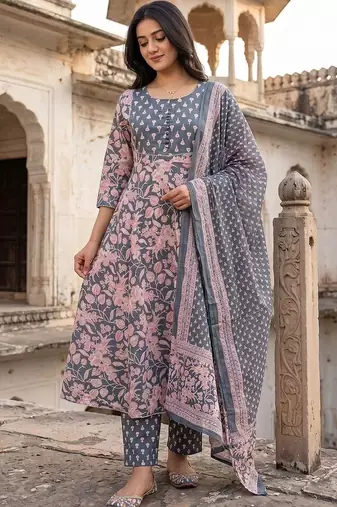 Women Floral Printed Regular Pure Cotton Kurta with Trousers & With Dupatta