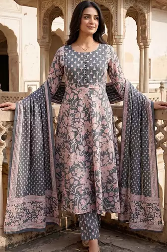 Women Floral Printed Regular Pure Cotton Kurta with Trousers & With Dupatta